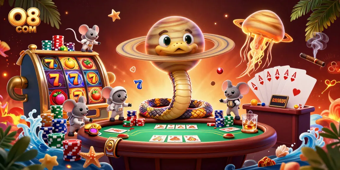 Engage with O8 COM at a vibrant casino scene with cartoon characters betting on a roulette-like ring.