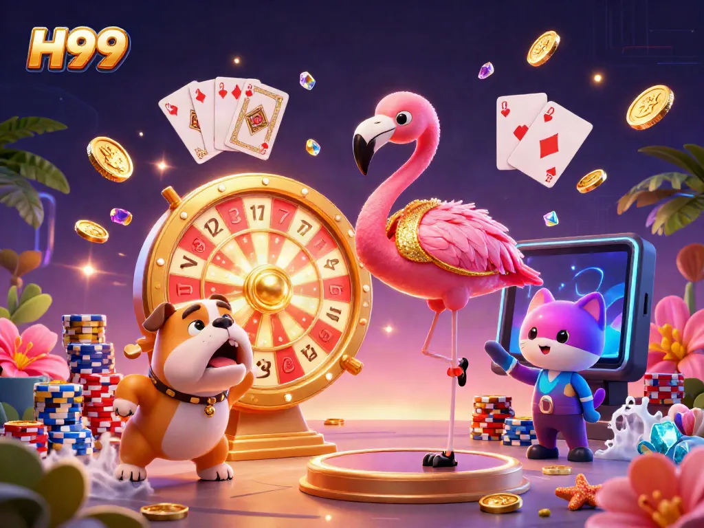 Exciting H99 casino scene featuring cartoon characters in action with coins and prizes.