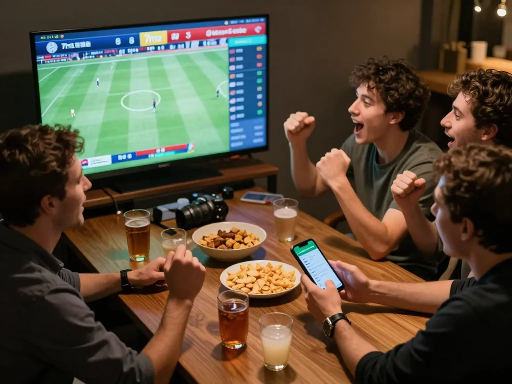 7mz sports betting excitement as friends watch live football scores and cheer together.