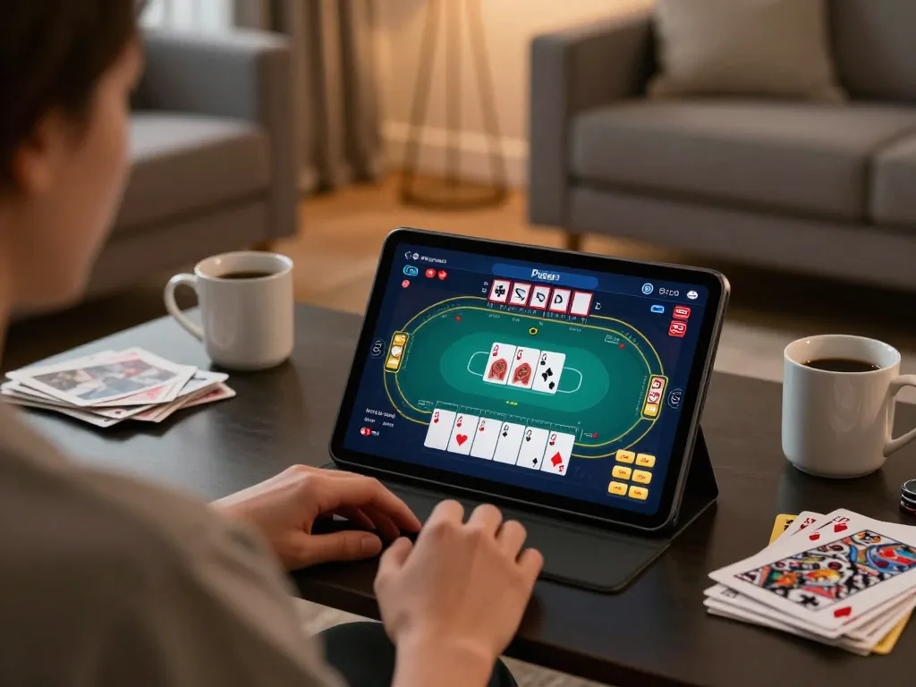 Engaging in online poker gameplay on tablet, showcasing strategic play with 789 focus and cozy setup.