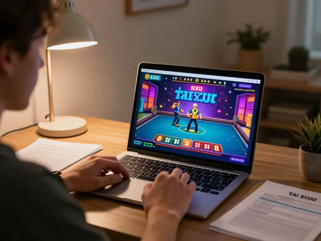 Player engaging in Tai Xiu online gameplay on a laptop surrounded by strategic notes and warm lighting