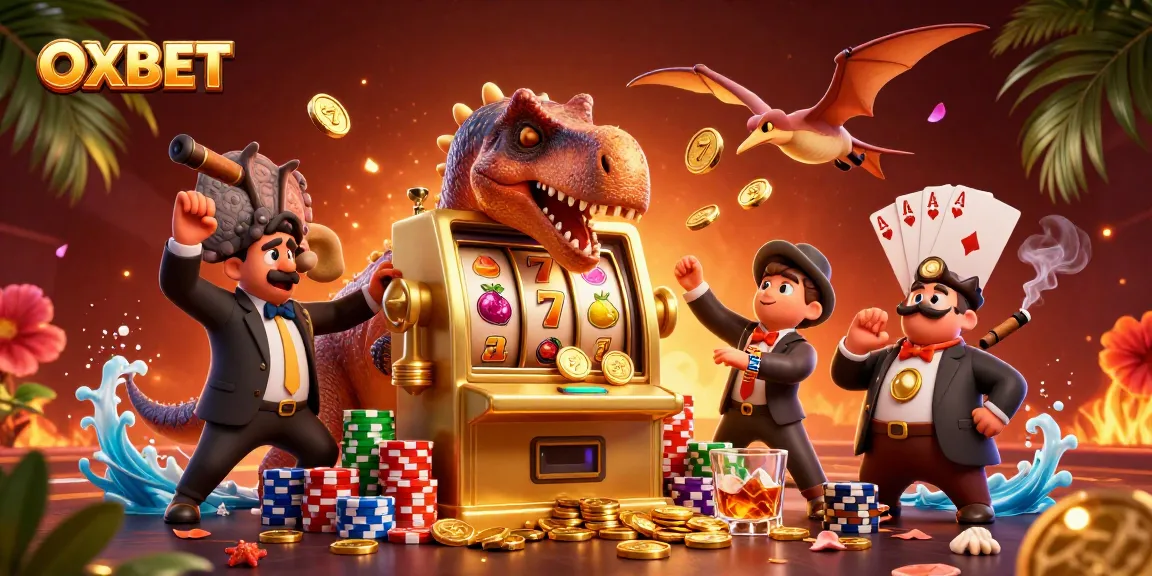 OXBET casino pachycephalosaurus celebrating jackpot wins with slot machines, vibrant scene