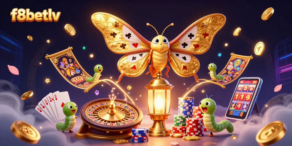 Experience the thrill of f8betlv with a vibrant illustration of a casino scene featuring golden moths and gaming elements.