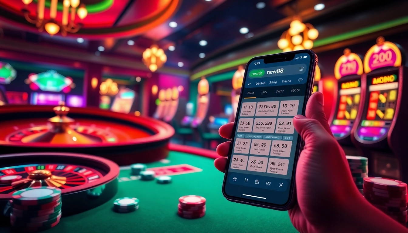Experience the thrill of new88 with vibrant casino elements like roulette wheels and poker chips.