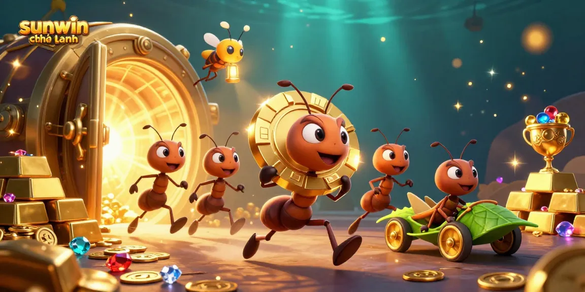 Experience the thrill of winning with sunwin chính hãng in a dazzling casino heist scene featuring cartoon ants and treasures.