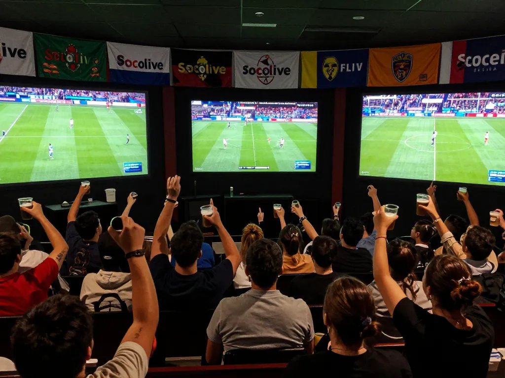 Socolive link showcasing excited fans in a vibrant sports bar, immersed in live football action.