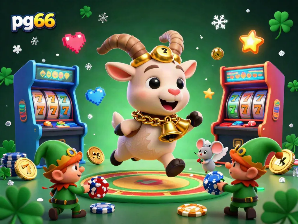 pg66 casino scene featuring a playful Krampus goat, an angel mouse, and elf gremlins amid vibrant gaming elements.