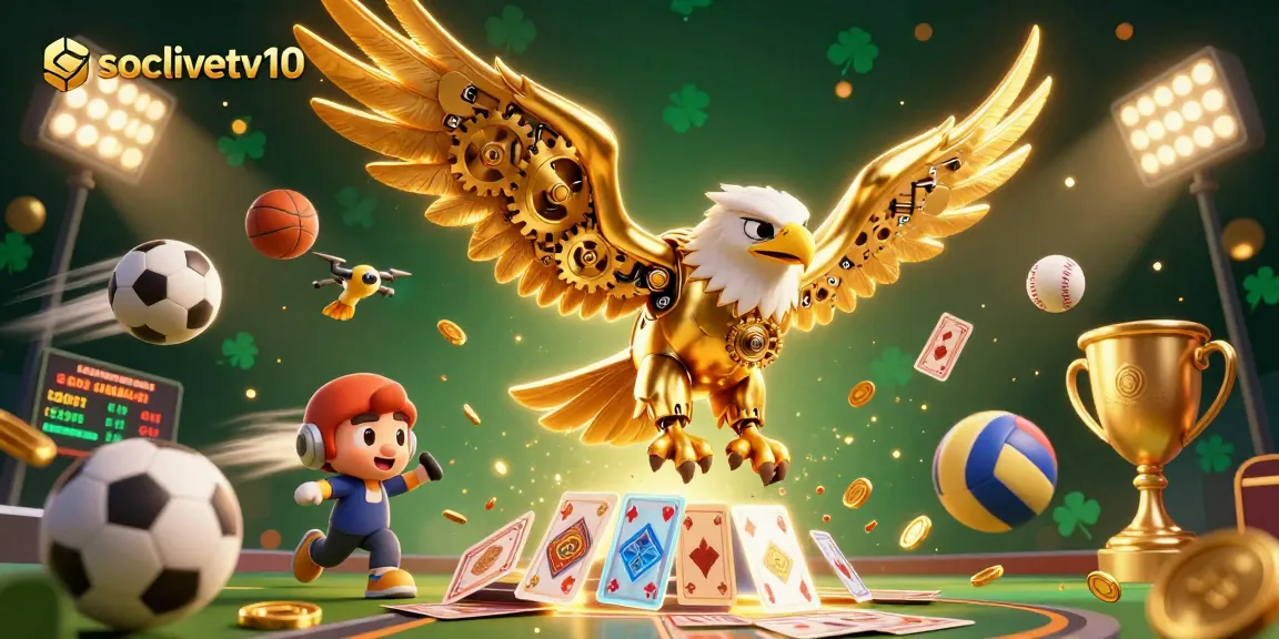Socolivetv10 showcases an exciting 3D scene of a cybernetic eagle amidst dynamic sports elements.