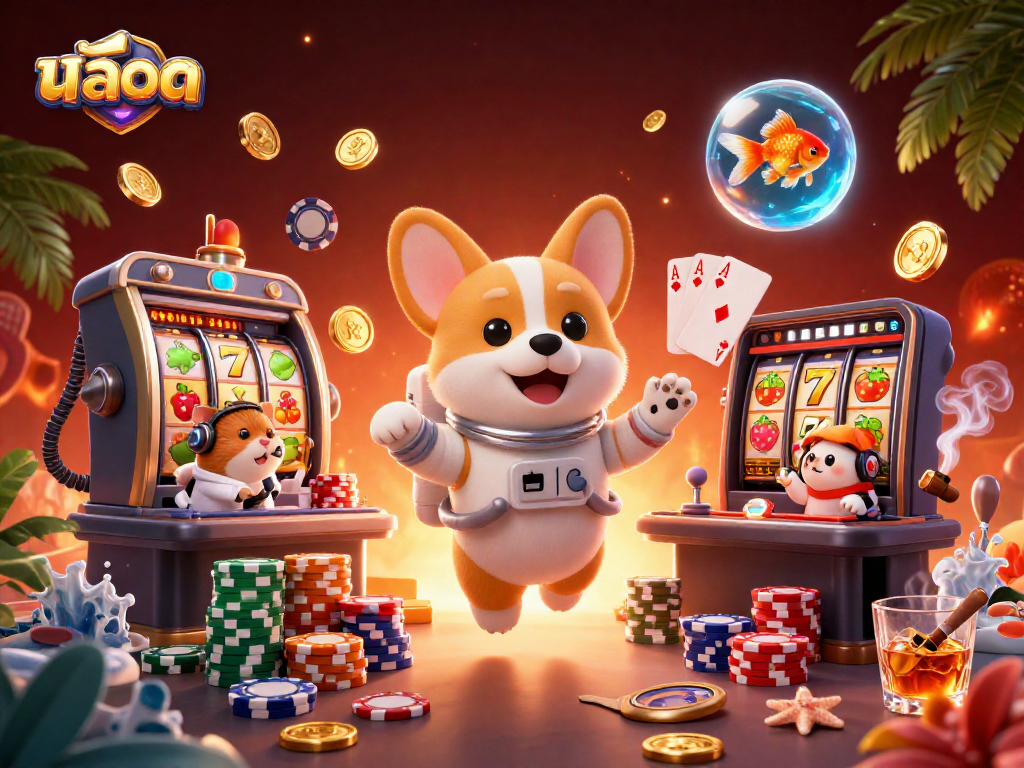 Spin the สล็อต reels with a joyous astronaut corgi in a cosmic casino atmosphere!