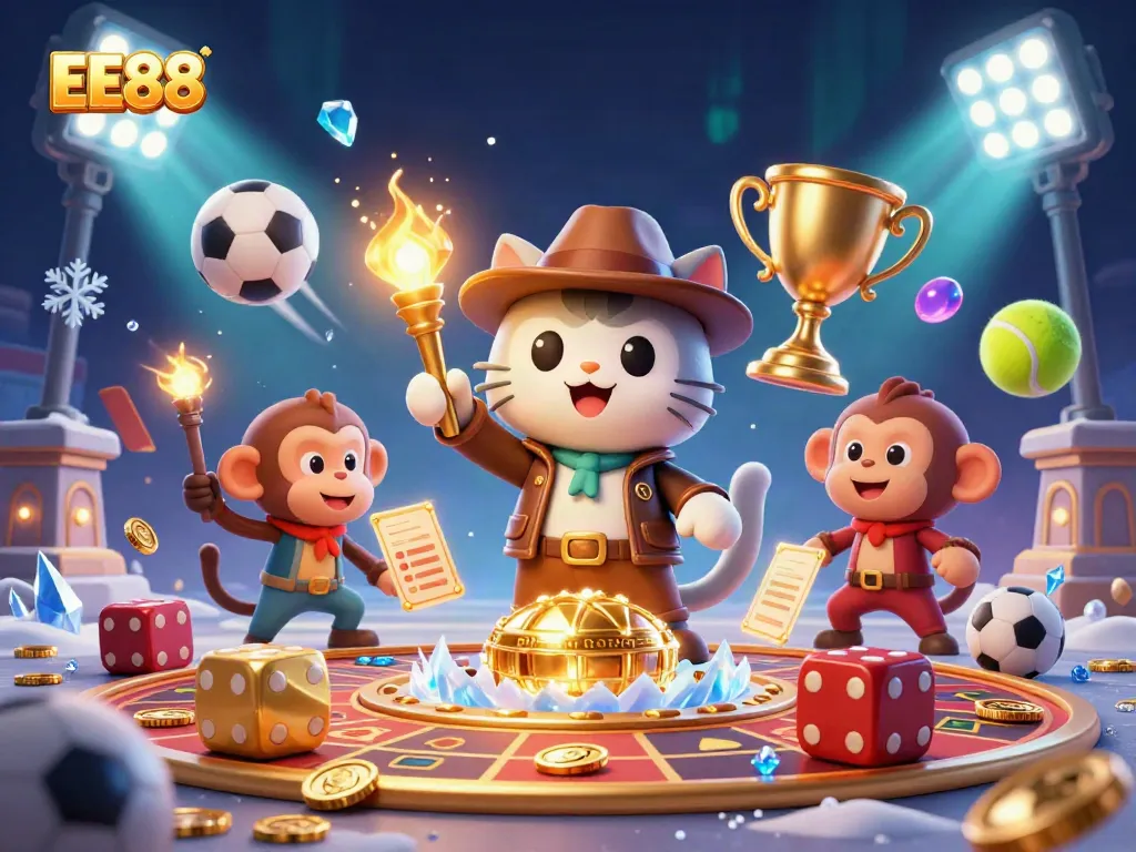 Experience thrilling gaming adventures with EE88 in this vibrant 3D casino illustration!