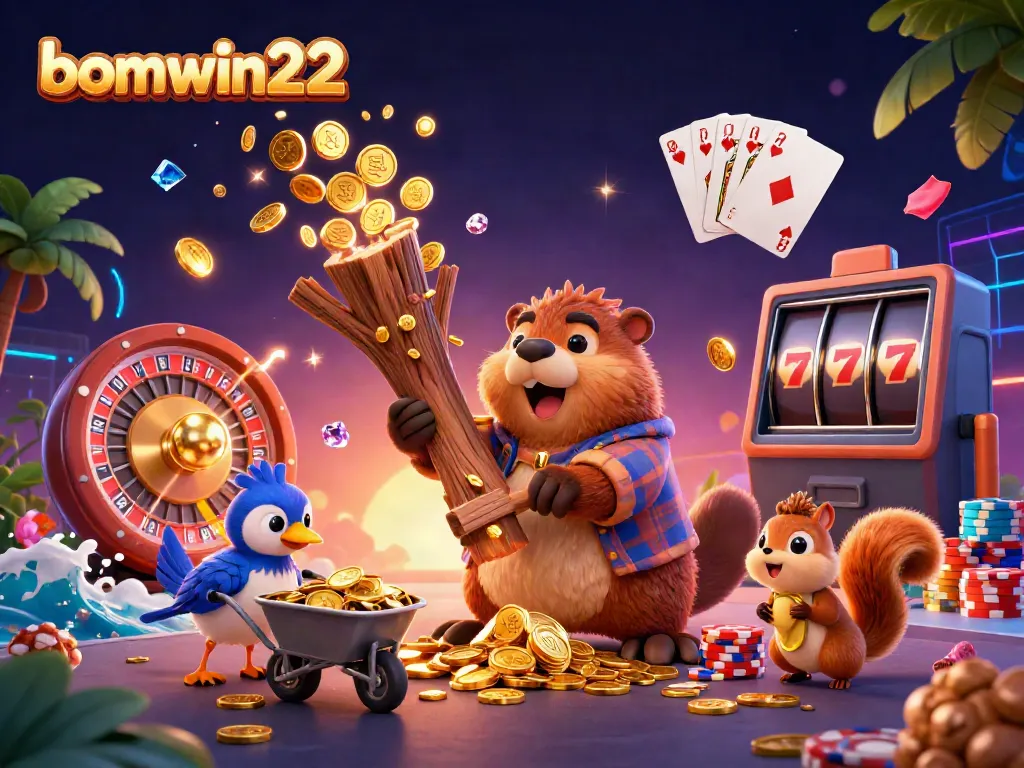 Experience the excitement of bomwin22 as a charming beaver collects golden coins raining from a tree.
