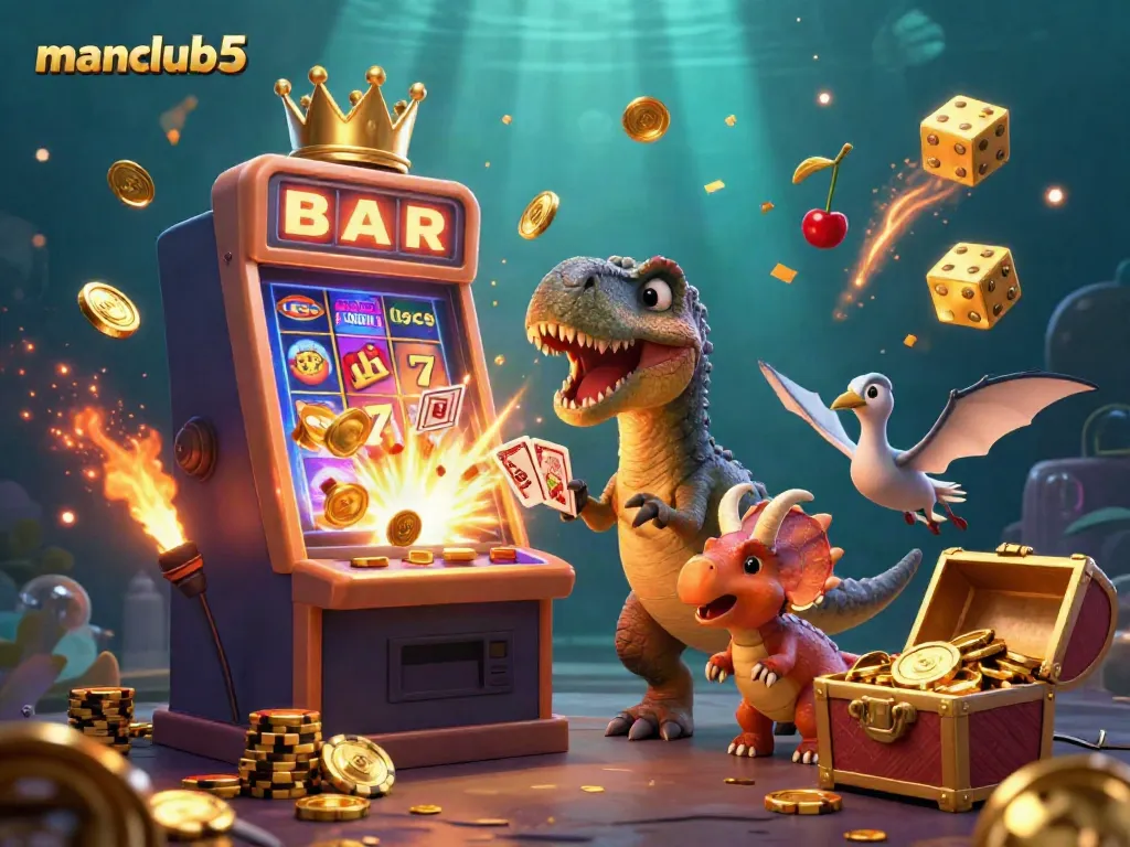 Engage with manclub5's vibrant gaming world featuring cartoon dinosaurs in a rich casino scene.