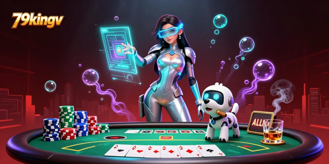 79kingv features a vibrant 3D casino scene with poker elements and a dynamic woman character.