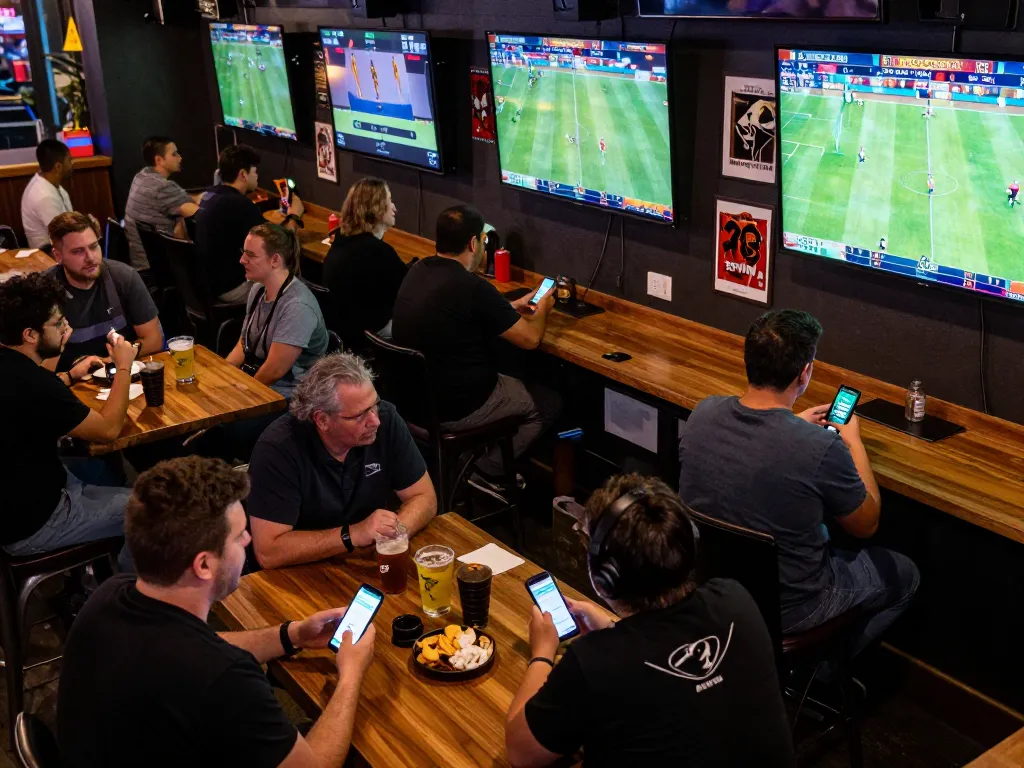 Betting on sports at a lively bar while celebrating with friends on 33WIN.