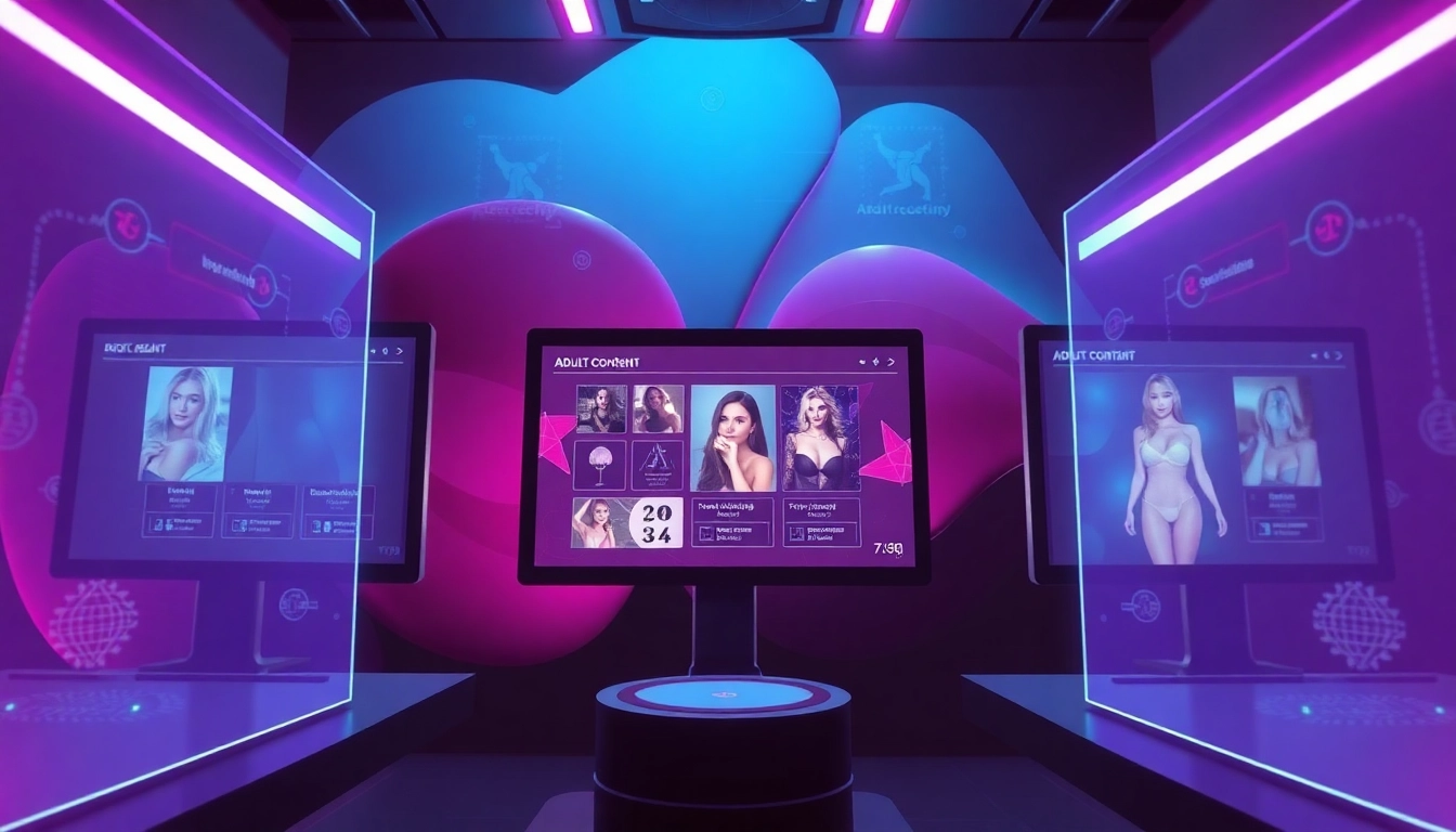 Innovative AI porn technology showcasing customizable adult content on holographic screens.