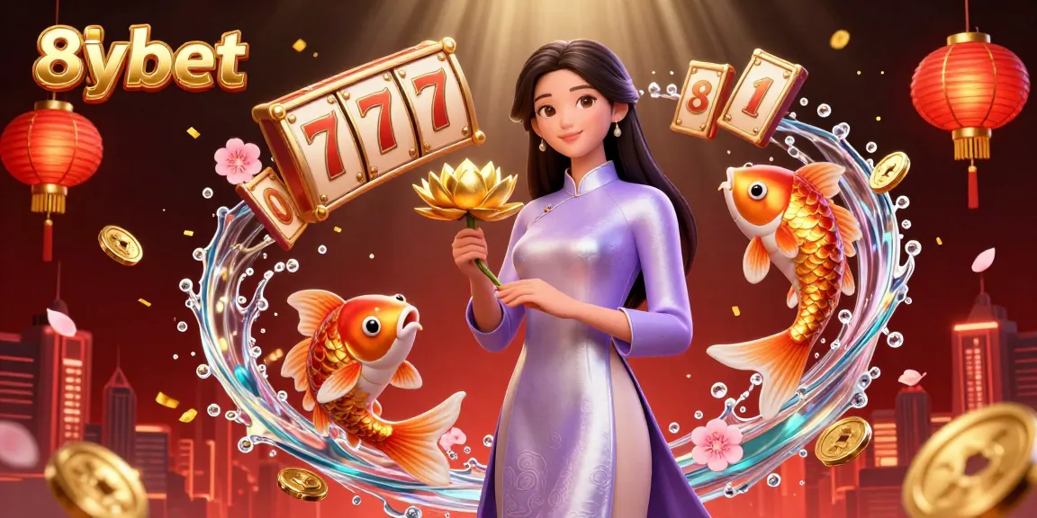 Experience the vibrant world of 8xbet with dynamic slot reels and an elegant Asian woman in an immersive casino scene.