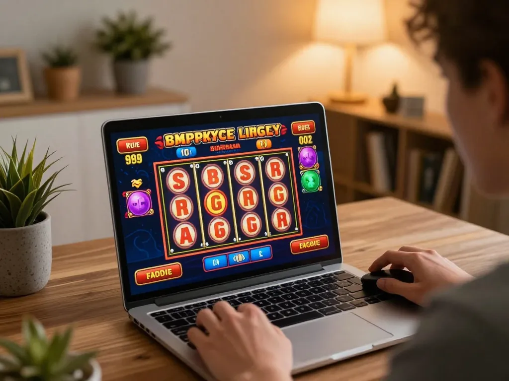 Engaging with pokies australia at home on laptop, showcasing exciting gameplay during online session.