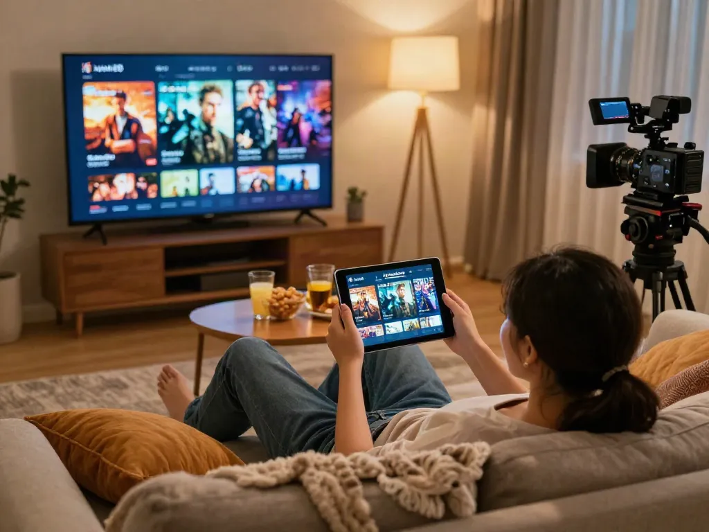 Couple enjoying movie night using MovieBox Pro app, download here for free HD content