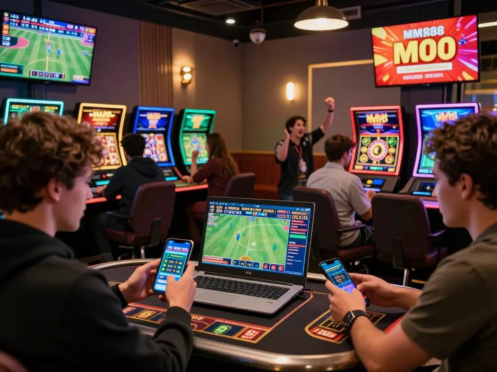 Exciting MM88 online gambling atmosphere with players celebrating sports betting wins in a modern lounge.