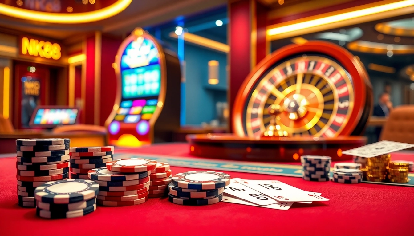 Navigating the nk88 link at a luxurious casino table with vibrant games and professional ambiance.