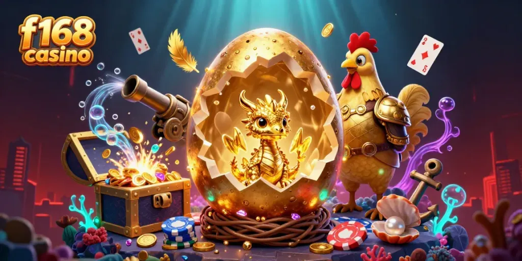 Join the excitement at f168 casino with a golden dragon and poker chips in a vibrant scene.