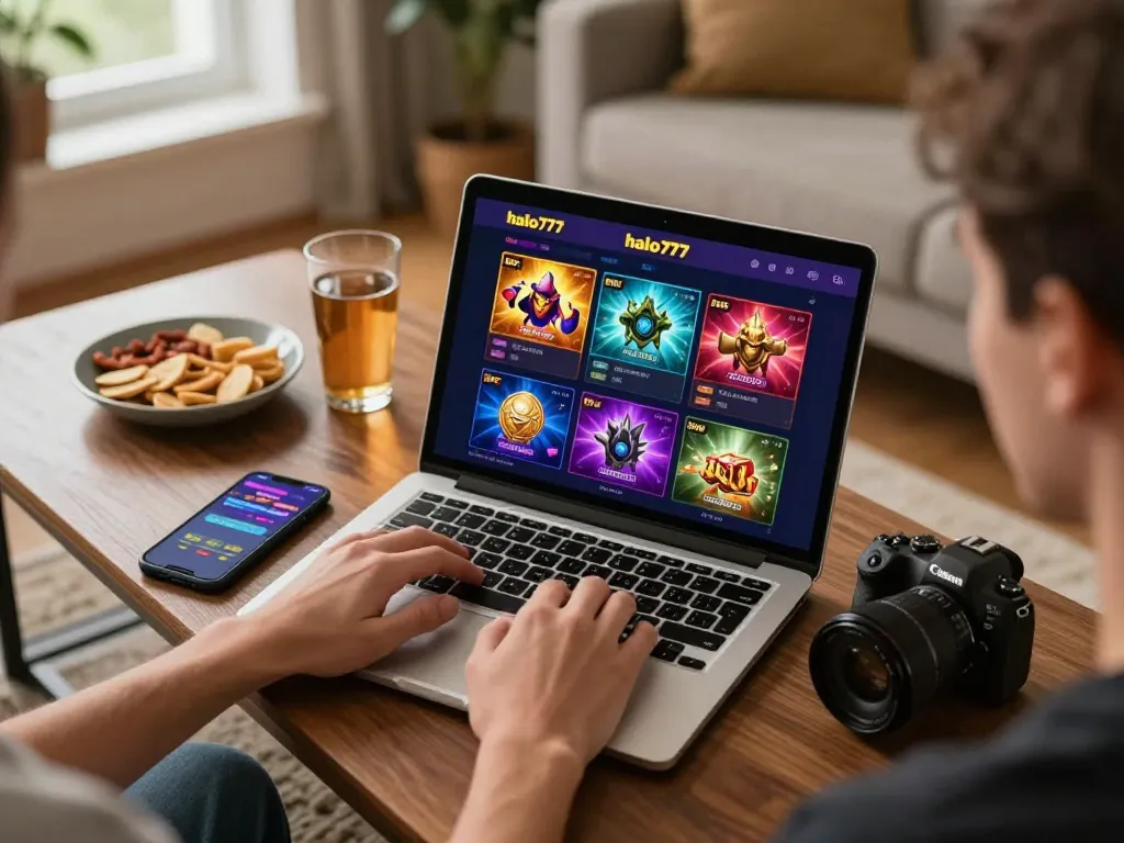 Pemain online berinteraksi dengan platform halo777 sambil menikmati camilan dan minuman di lingkungan yang nyaman.