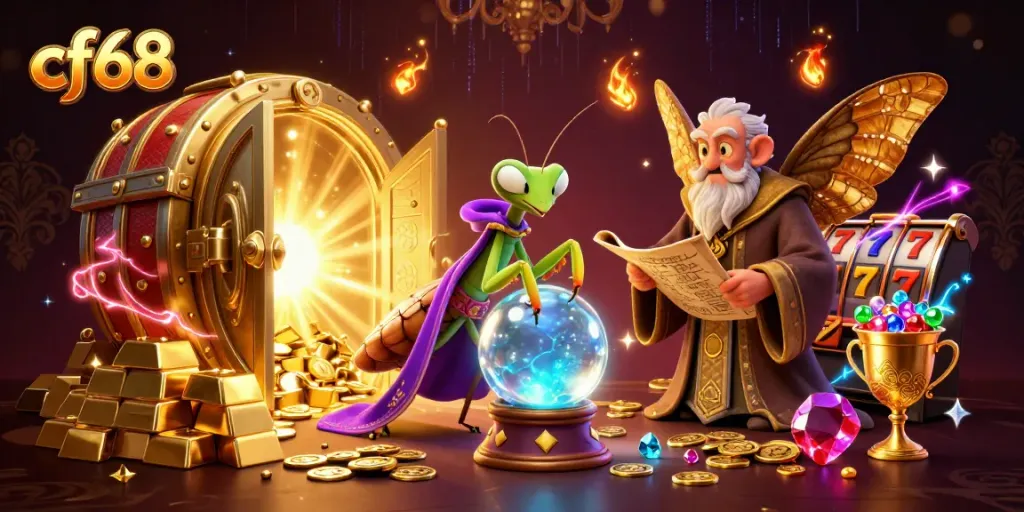 Play thrilling games at cf68 featuring a cartoon praying mantis fortune teller and dynamic casino action.