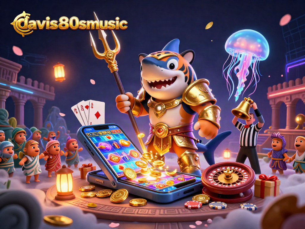 Dive into action with davis80smusic's vibrant underwater casino scene featuring a gladiator shark and slot games.