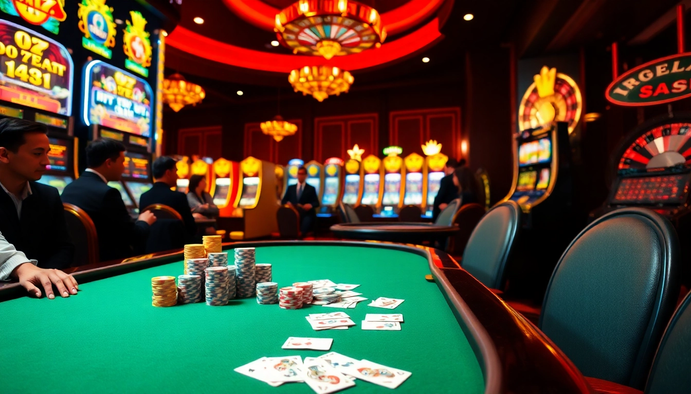 Exciting poker game at https://debet.spot/ with vibrant chips and cards in a luxurious casino setting.