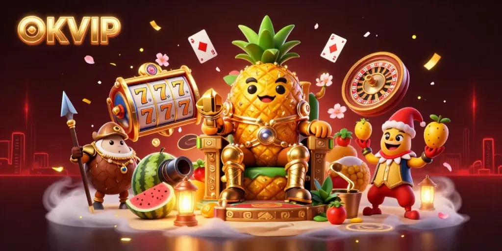 Experience winning moments at OKVIP Casino with a lively illustration featuring a golden pineapple king and dynamic gaming elements.