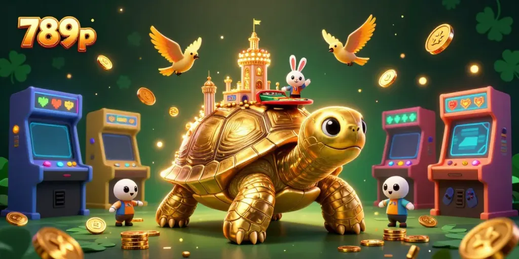 Engage with 789p through a lively casino scene featuring a golden tortoise and vibrant games.