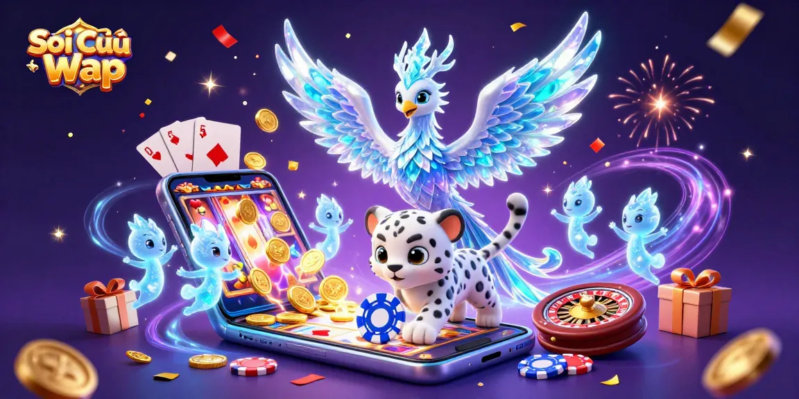 Soi Cầu Wap brings exciting casino action with a vibrant 3D scene of a phoenix, leopard cub, and ice sprites.