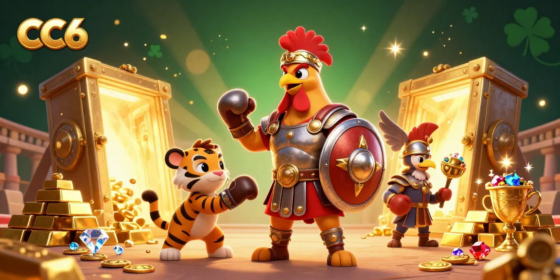 Engage in thrilling gameplay at CC6's vibrant casino arena featuring a gladiator rooster and treasure vault.