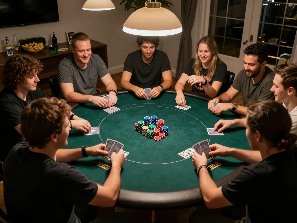 Engaged friends playing poker at home, showcasing strategic gameplay and social bonding with 33win.