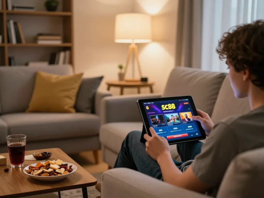 Engaging with the sc88 gaming platform on a tablet in a cozy home setting.