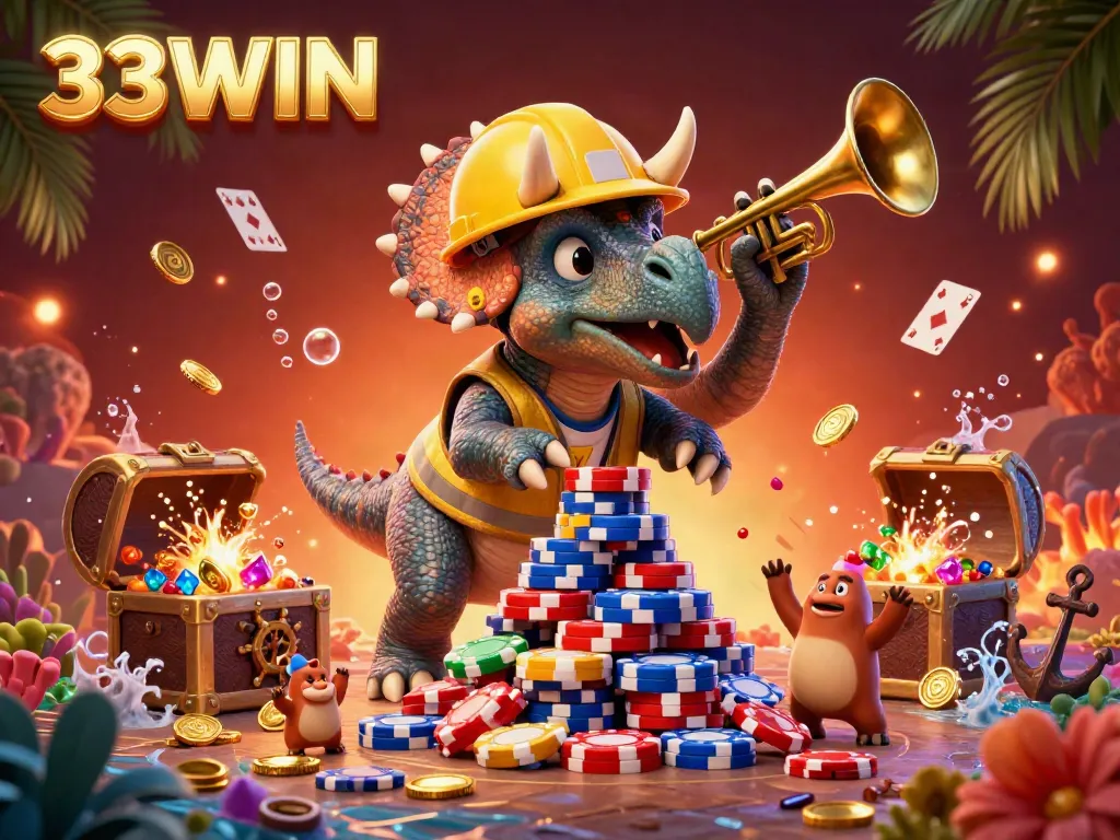 Experience excitement with 33WIN while a triceratops builds poker chips amidst glowing gems and underwater treasures.