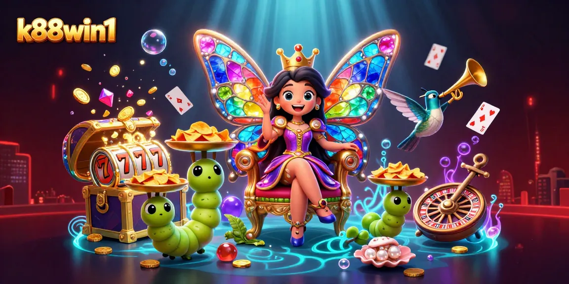 Spin to win with k88win1 as a colorful butterfly queen presides over the casino realm.