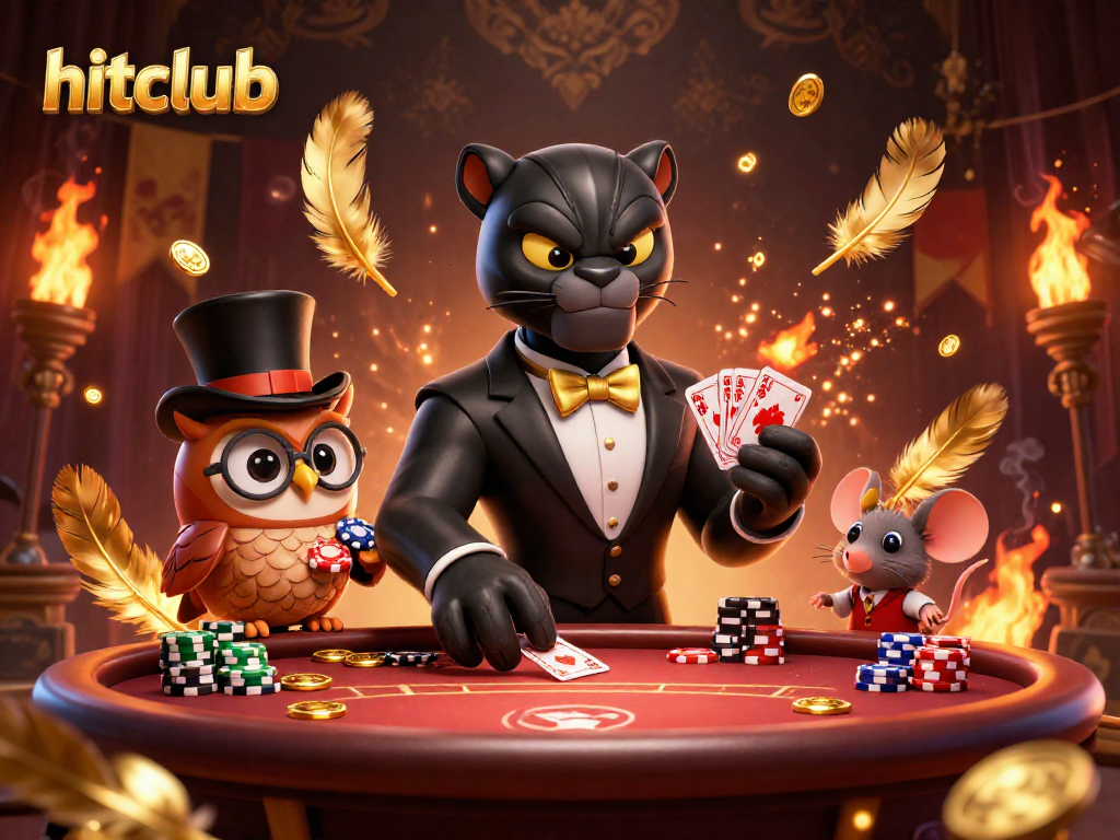 Hitclub showcases a stylish panther dealer and friends in an energetic poker scene filled with vibrant effects.
