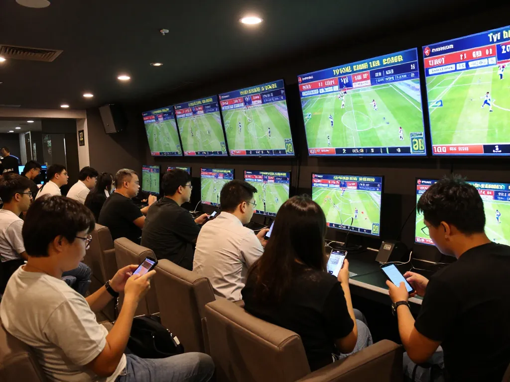 The diverse crowd engaging with live sports matches, analyzing tỷ lệ nhà cái and celebrating betting successes.