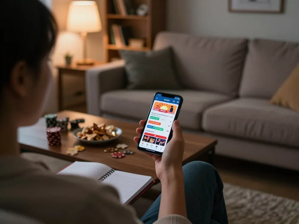 Engaging with the sun win casino app on a smartphone in a cozy living room atmosphere.