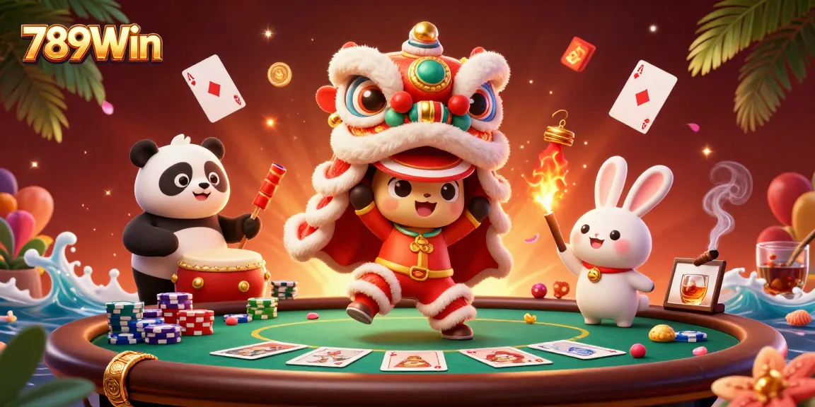 Experience 789Win’s thrilling casino atmosphere with vivid characters, poker elements, and festive celebration.