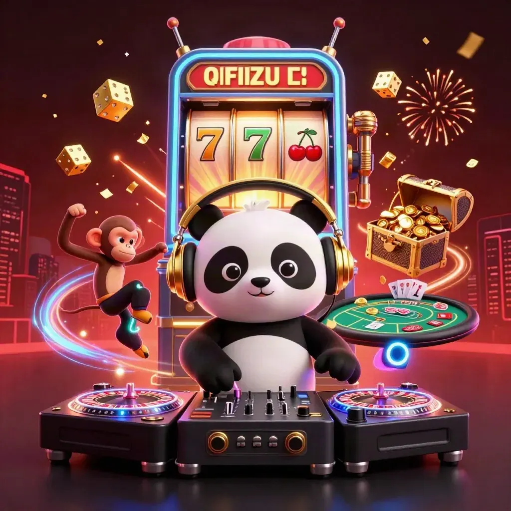 DJ panda, breakdancing monkey, and rave kitten amid jackpots, gold, and neon casino light.
