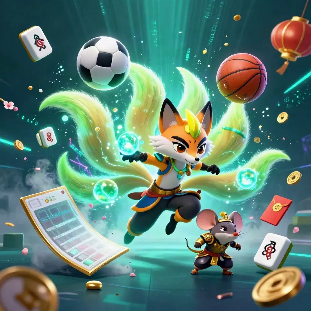 Neon fox spirit and armored mouse amid flying casino tokens, balls, lanterns and electric light.
