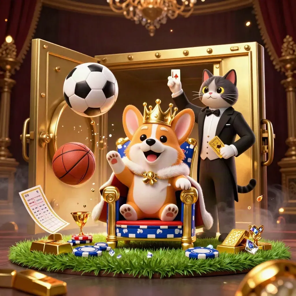 Royal corgi and cat butler amid a flying soccer ball, gold vault light, and casino riches.