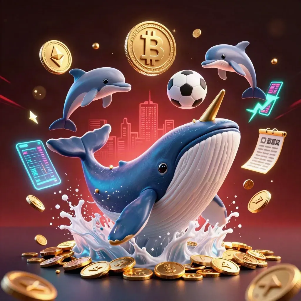 Whale, narwhal, and dolphins burst through coins with neon casino sports props.