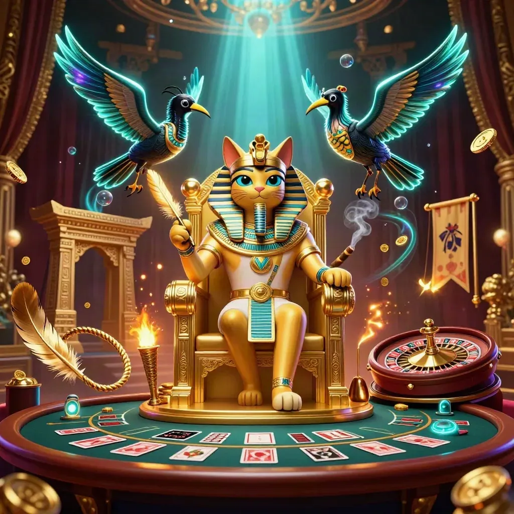 Pharaoh cat, ibis scribe, and scarabs in a luxe neon casino scene