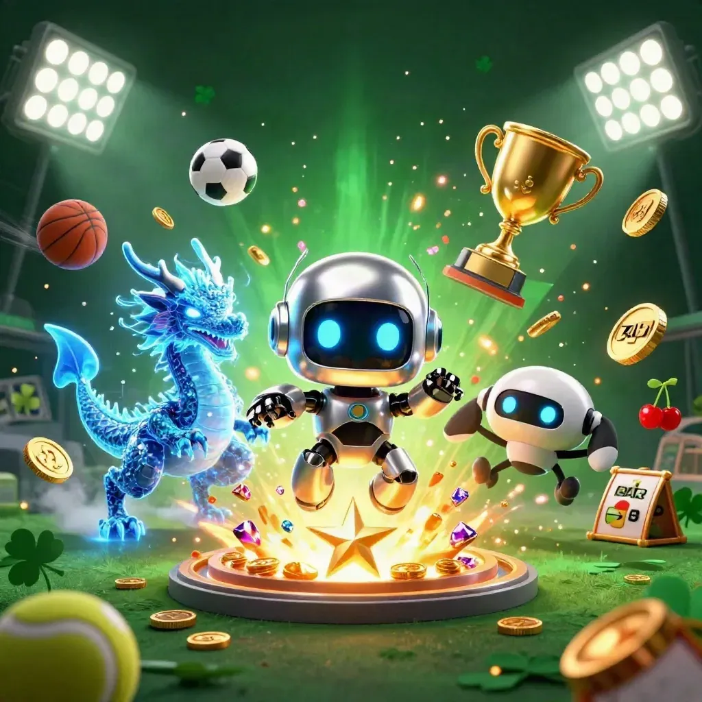 Cyberpunk robot, hologram dragon, and coin drone amid vault treasure, sports balls, and neon casino glow