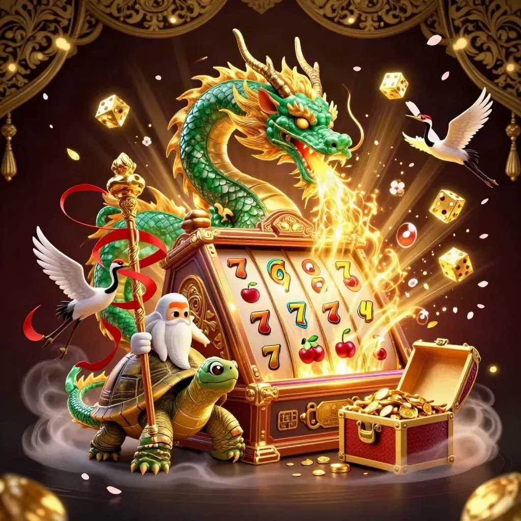Jade dragon, turtle sage, and cranes amid gold burst, jackpot shards, and neon casino magic.
