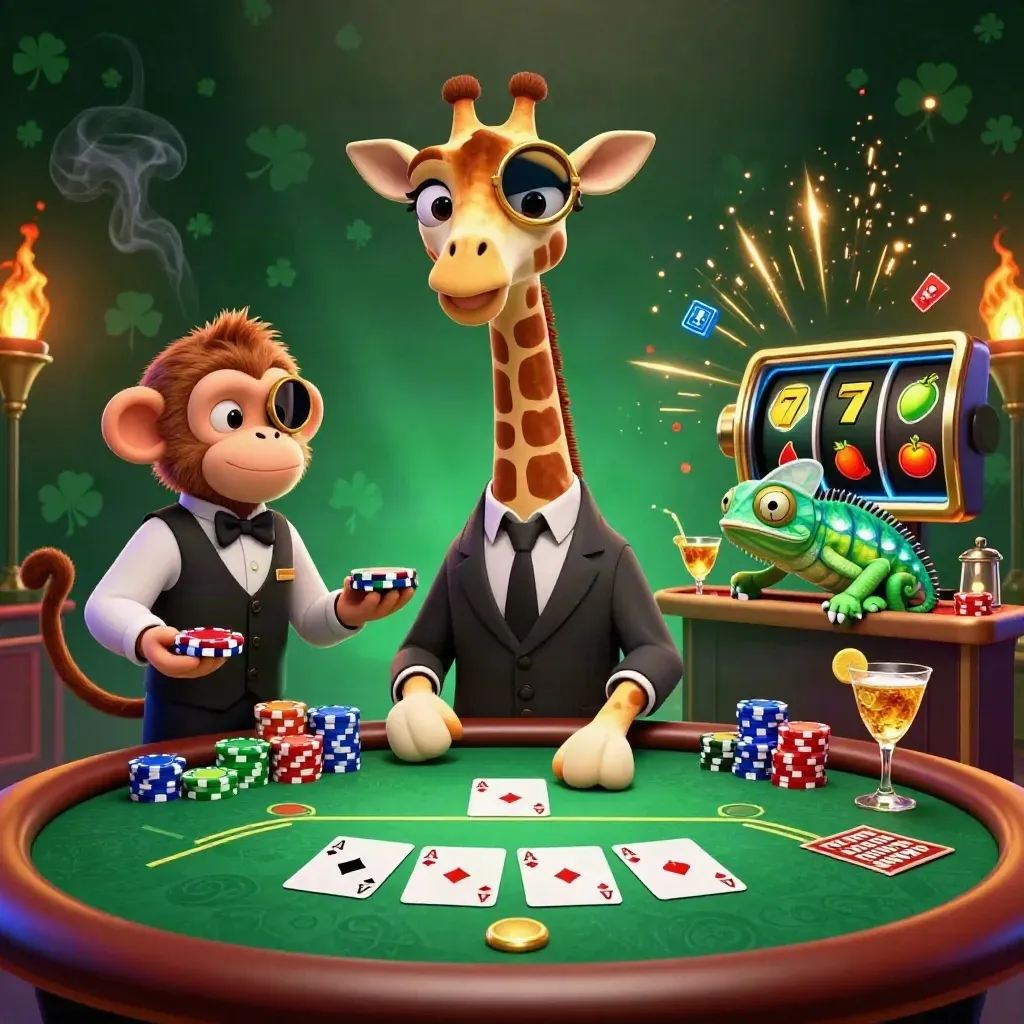 Giraffe, monkey, and chameleon at a glowing poker table with chips, cards, and casino sparks.