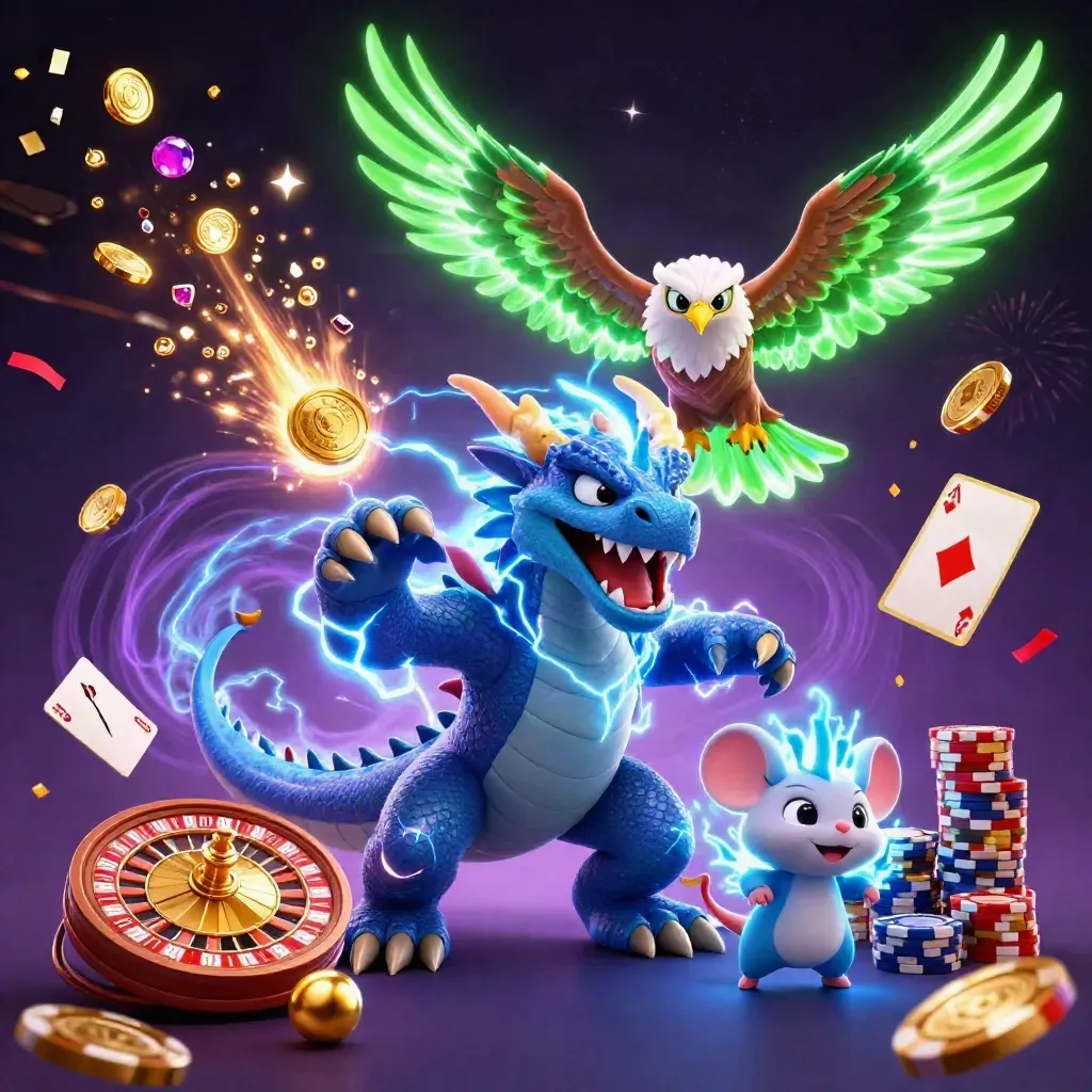 Thunder dragon, wind hawk, and mouse erupt amid coins, gems, roulette, cards, and chips.